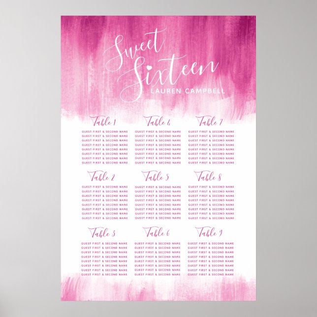 Sweet sixteen birthday red pink art table chart (Front)