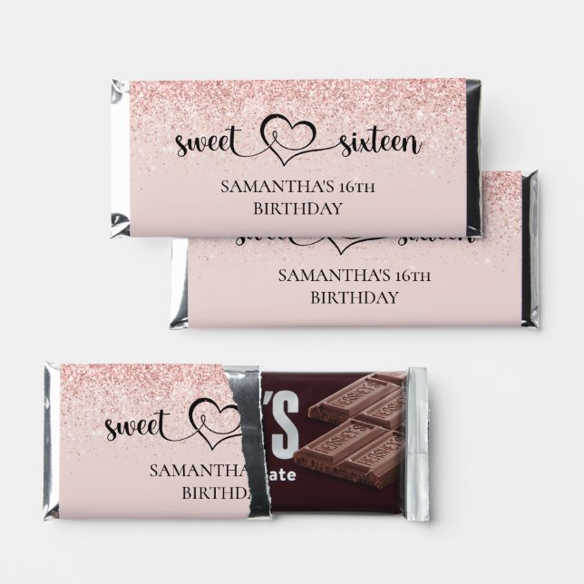 Sweet Sixteen Birthday Rose Gold Glitter  Hershey Bar Favors (Front)