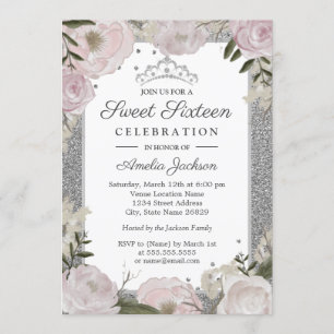 Sweet Sixteen Birthday Sparkle Pink Silver Floral Invitation