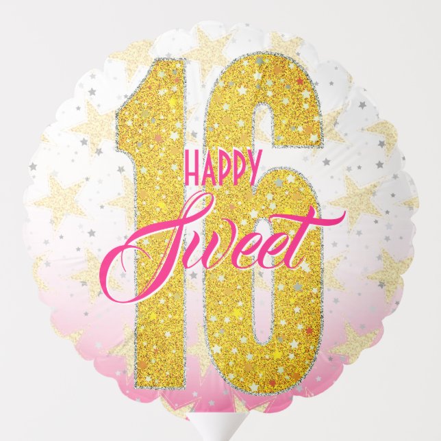 Sweet Sixteen Birthday | Stars Pink Glitter Balloon (Back)