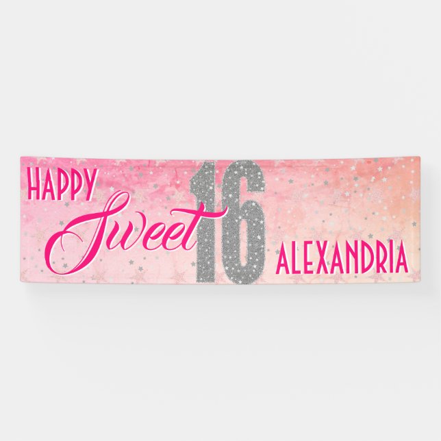 Sweet Sixteen Birthday | Stars Pink Glitter Banner (Horizontal)