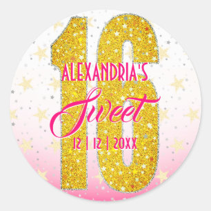 Sweet Sixteen Birthday Stars Pink Glitter Classic Round Sticker