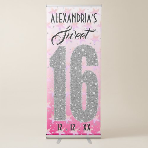 Sweet Sixteen Birthday  Stars Pink Glitter Retractable Banner