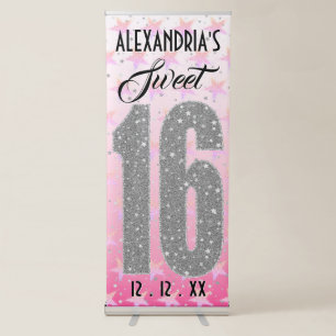Sweet Sixteen Birthday Stars Pink Glitter Retractable Banner