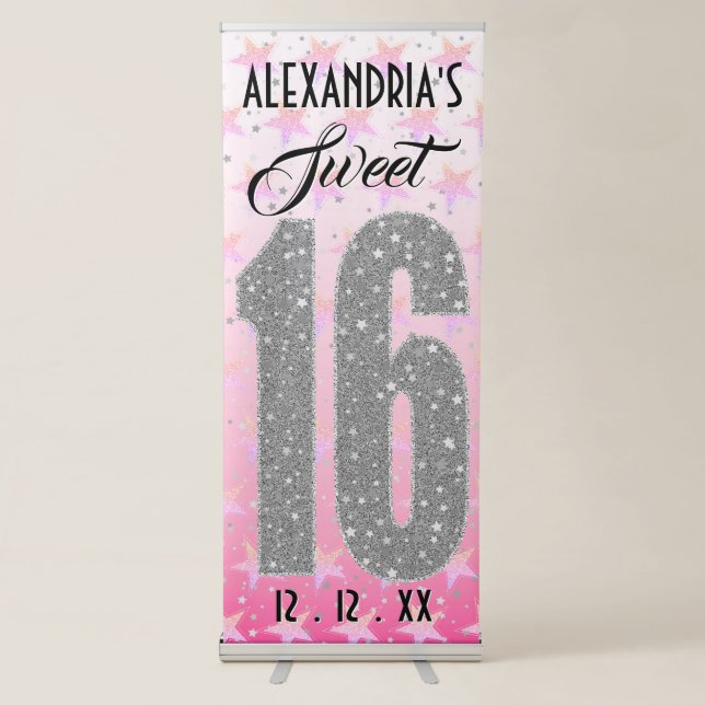 Sweet Sixteen Birthday | Stars Pink Glitter Retractable Banner (Front)