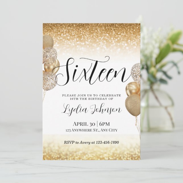 Sweet Sixteen Birthday, Sweet 16, Gold Invitation (Standing Front)