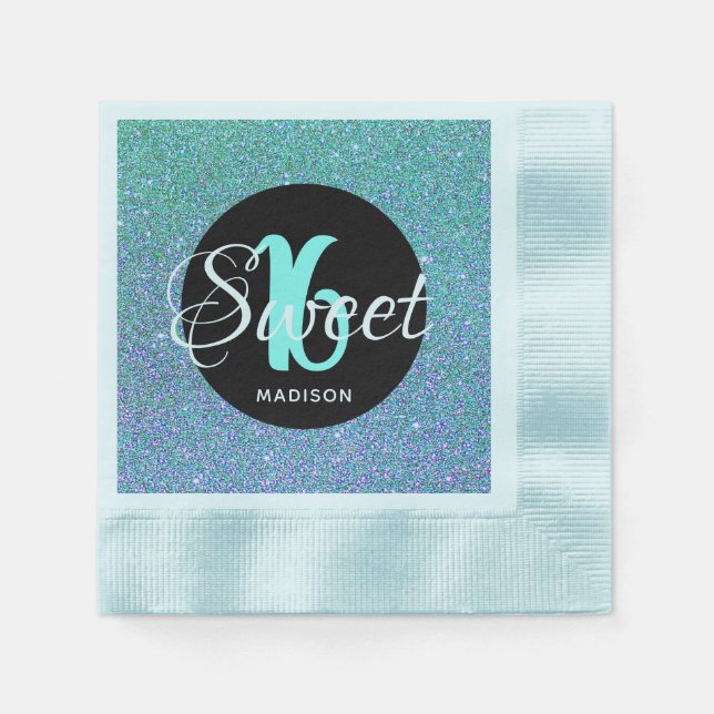 Sweet Sixteen Birthday Teal Aqua Glitter Monogram Napkins (Front)