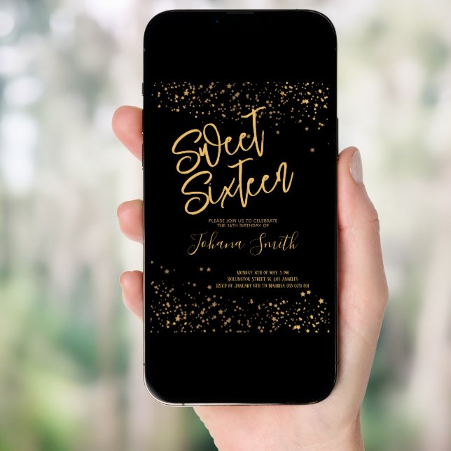 Sweet Sixteen Black and Gold Birthday Invitation (Front Digital)