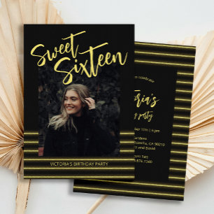 Sweet Sixteen Black and Gold Birthday Party Invitation