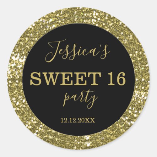 Sweet Sixteen  Black And Gold Glitter Classic Round Sticker