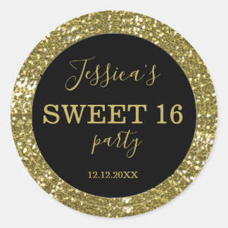Sweet Sixteen  Black And Gold Glitter Classic Round Sticker