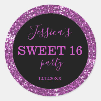 Sweet Sixteen  Black And Pink Glitter Classic Round Sticker