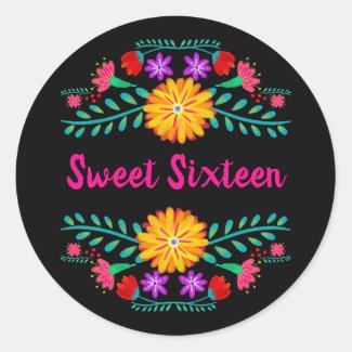 Sweet Sixteen Black and Pink Mexican Fiesta Floral Classic Round Sticker
