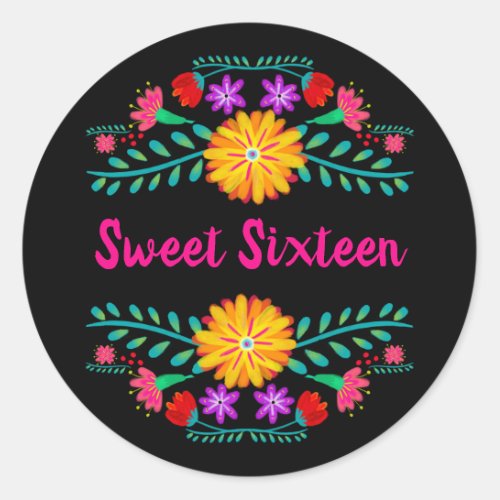Sweet Sixteen Black and Pink Mexican Fiesta Floral Classic Round Sticker