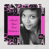 Sweet Sixteen Black and Pink Swirl Birthday Invite (Front/Back)