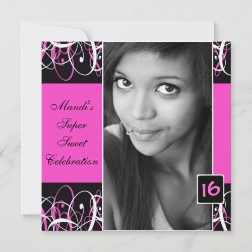 Sweet Sixteen Black and Pink Swirl Birthday Invite