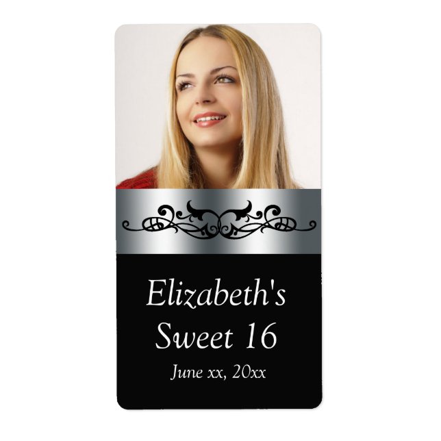 Sweet Sixteen Black and Silver Water Lables Label (Front)