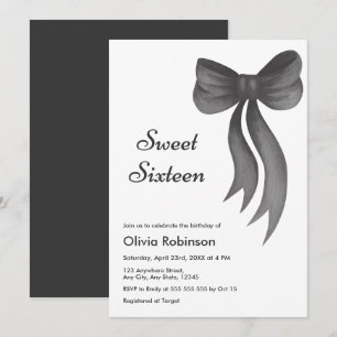Sweet Sixteen Black Bow 16th Birthday Invitation