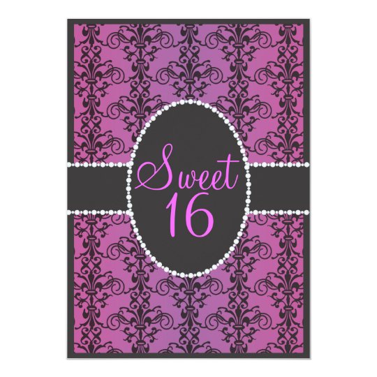 Sweet Sixteen Black Damask Purple Passion Party Invitation Zazzle Com