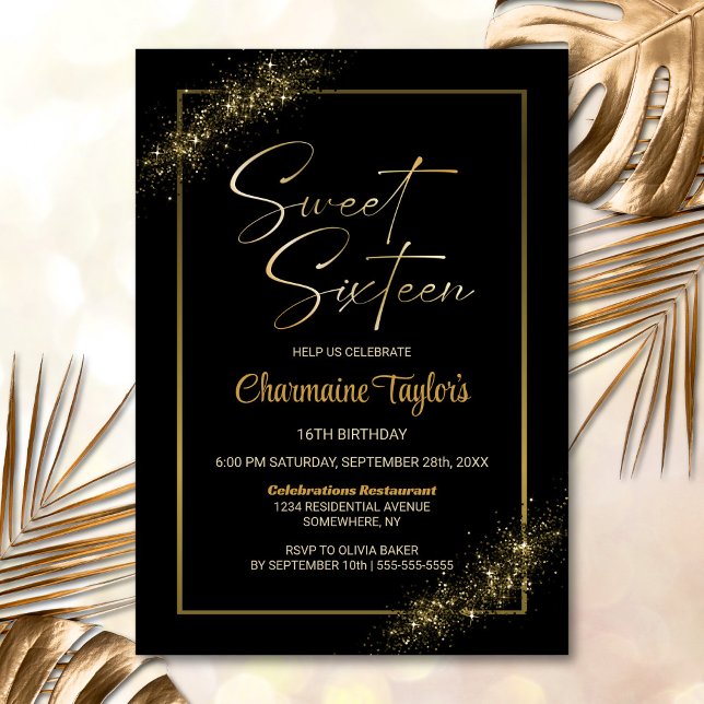 Sweet Sixteen Black Gold Birthday Party Invitation (Creator Uploaded)
