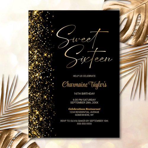 Sweet Sixteen Black Gold Glitter Birthday Party Invitation