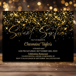 Sweet Sixteen Black Gold Glitter Birthday Party Invitation