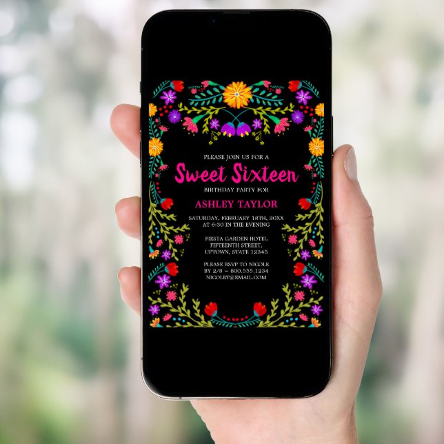 Sweet Sixteen Black Mexican Fiesta Folk Art Floral Invitation (Front Digital)