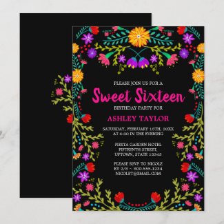 Sweet Sixteen Black Mexican Fiesta Folk Art Floral Invitation