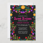 Sweet Sixteen Black Mexican Fiesta Folk Art Floral Invitation (Front)