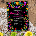 Sweet Sixteen Black Mexican Fiesta Folk Art Floral Invitation<br><div class="desc">Pretty Flowers Sweet 16 Invitation for your daughter's 16th Birthday celebration. This floral theme features colorful folk art flowers in red, pink, purple and yellow on a black background. The back of the card has a floral bouquet made from the same Mexican fiesta flowers. The template is set up ready...</div>
