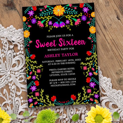 Sweet Sixteen Black Mexican Fiesta Folk Art Floral Invitation