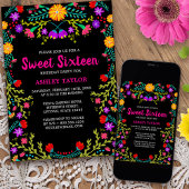 Sweet Sixteen Black Mexican Fiesta Folk Art Floral Invitation