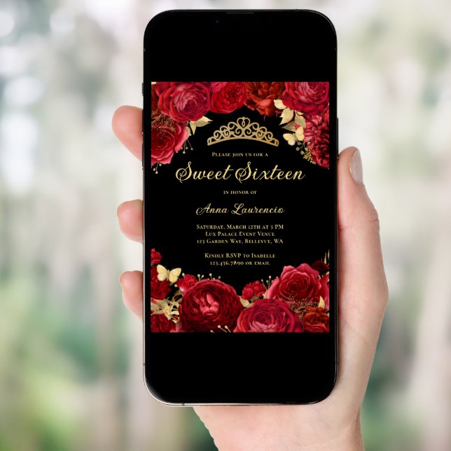 Sweet Sixteen Black Red Roses Floral 16th Birthday Invitation (Front Digital)