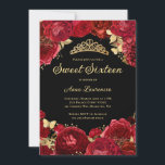 Sweet Sixteen Black Red Roses Floral 16th Birthday Invitation<br><div class="desc">An elegant floral red,  black,  and gold themed Sweet Sixteen birthday invitation. This design features a tiara,  gold butterflies,  fancy calligraphy font,  and red roses. Please note,  foil details are simulated.</div>