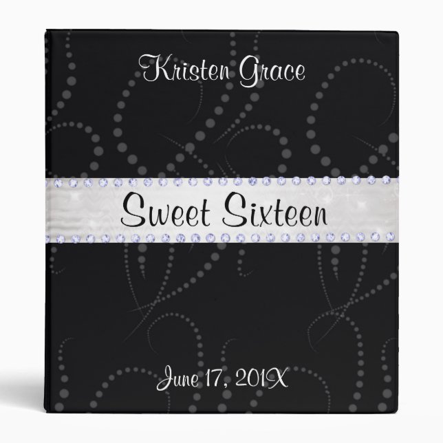 Sweet Sixteen, Black, Silver, Bling, Custom 3 Ring Binder (Front)