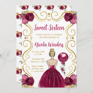 Sweet Sixteen Blonde Princess in Burgundy Invitation