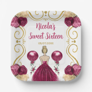 Sweet Sixteen Blonde Princess in Burgundy Red Paper Plates