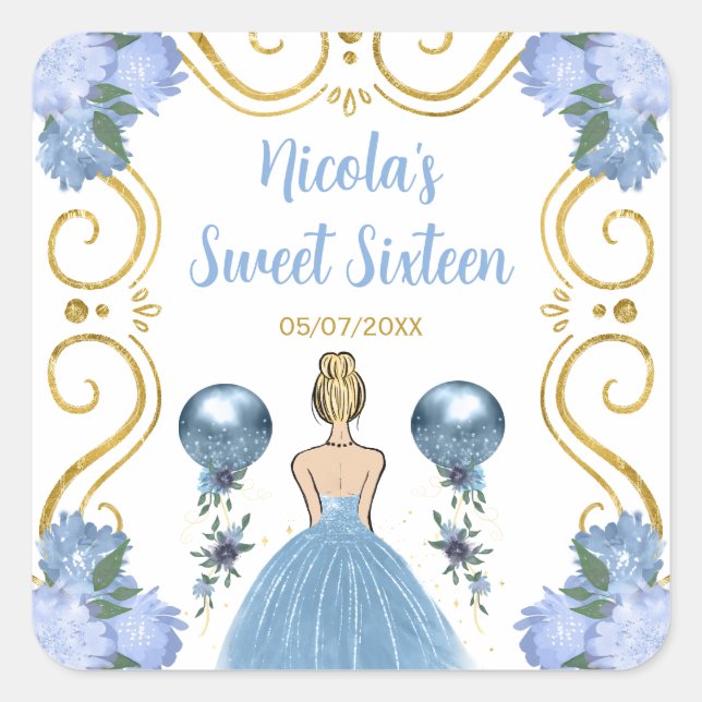Sweet Sixteen Blonde Princess in Dusty Blue Square Sticker (Front)