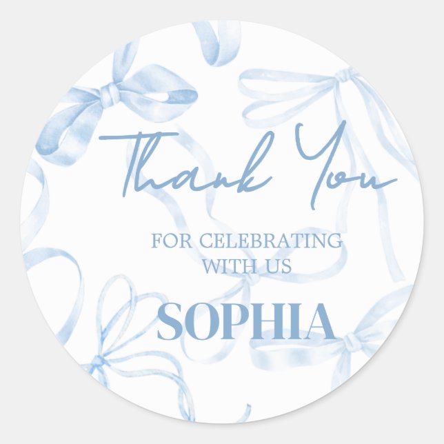 Sweet Sixteen Blue Bow Birthday Party  Classic Round Sticker (Front)