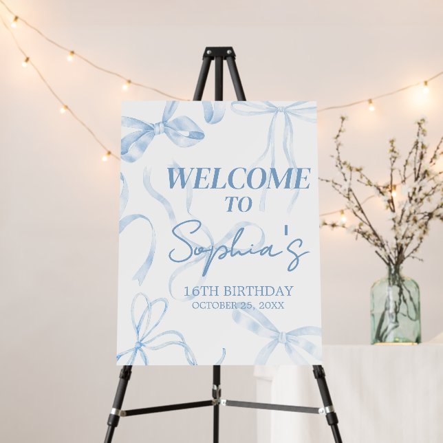Sweet Sixteen Blue Bow Birthday Party Welcome Sign (In Situ (Stand))