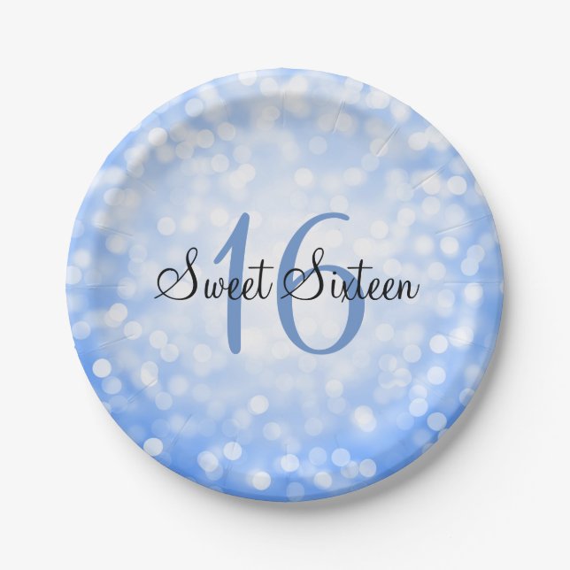 Sweet Sixteen Blue Glitter Lights Paper Plates (Front)