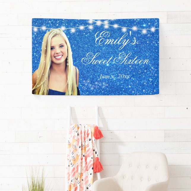 Sweet Sixteen Blue Glitter String Light Sparkle Banner (Insitu)
