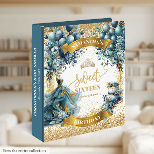 Sweet Sixteen Blue Gold Sparkle Watercolor Binder