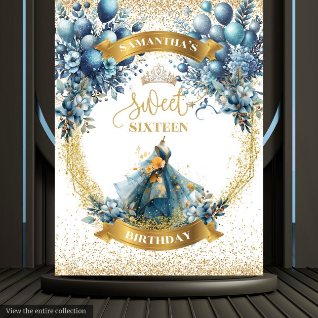 Sweet Sixteen Blue Gold Watercolor Dress Backdrop (Sweet Sixteen Blue Gold Watercolor Dress Backdrop)