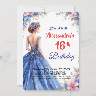 Sweet Sixteen Blue Gown Floral Elegant Birthday Invitation