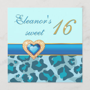 Sweet sixteen blue leopard jewel heart birthday invitation
