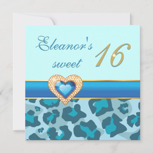 Sweet sixteen blue leopard jewel heart birthday invitation