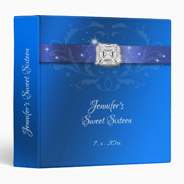 Sweet Sixteen Blue Satin Sparkling Diamond, Custom 3 Ring Binder (Front/Spine)