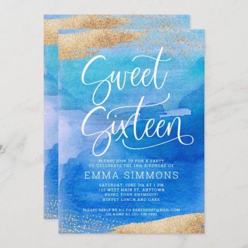 Sweet Sixteen Blue Watercolor Gold Birthday Invitation