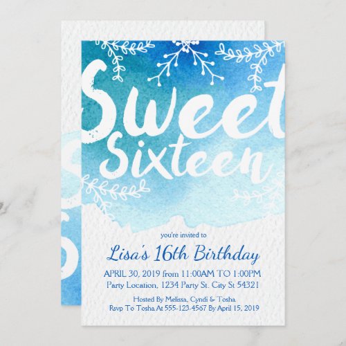Sweet Sixteen Blue Watercolor Invitations